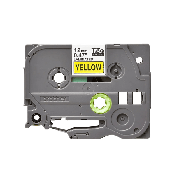Brother 12mm Laminated Label Tape - Black Text on Yellow Background, 8m Roll, Outdoor Durable