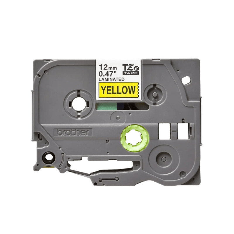 Brother 12mm Laminated Label Tape - Black Text on Yellow Background, 8m Roll, Outdoor Durable