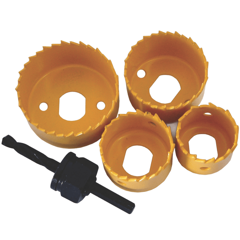 Tork Craft Hole Saw Set 5PCE Carbon Steel Wood (32, 38, 44, 54mm) + Mandrel