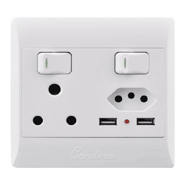 Chint Condere Switched Socket + Dual USB - 16A + 10A