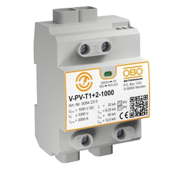 OBO Lightning and Surge Arrestor 40kA (2P) 1P+N Type 1+2 1000V DC DIN Mount