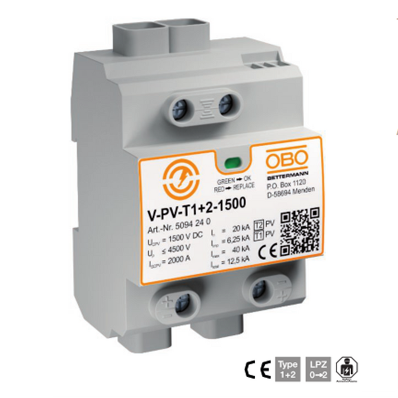 OBO PV Surge and Lightning Arrestor 2P 1500V DC Type 1+2 40kA