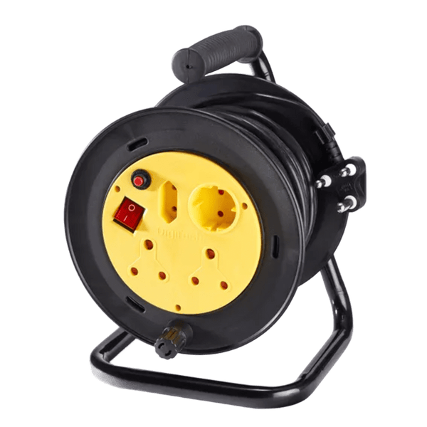 Plastic Extension Reeler - 20 m 10 A Cable, Dual 10 A Outlets + 1× Schuko + Overload Switch Black & Yellow