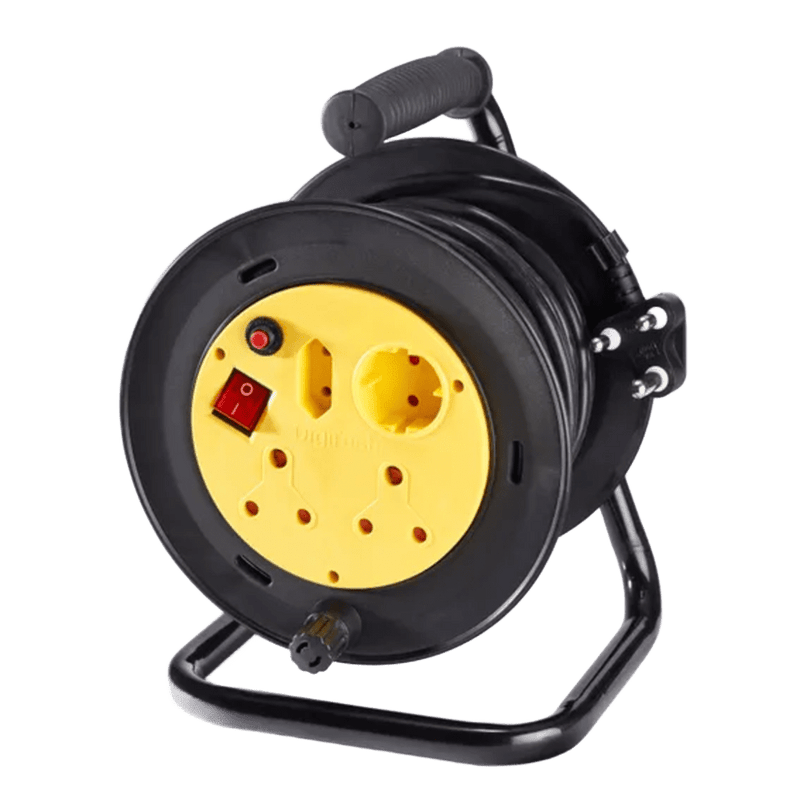 Plastic Extension Reeler - 20 m 10 A Cable, Dual 10 A Outlets + 1× Schuko + Overload Switch Black & Yellow