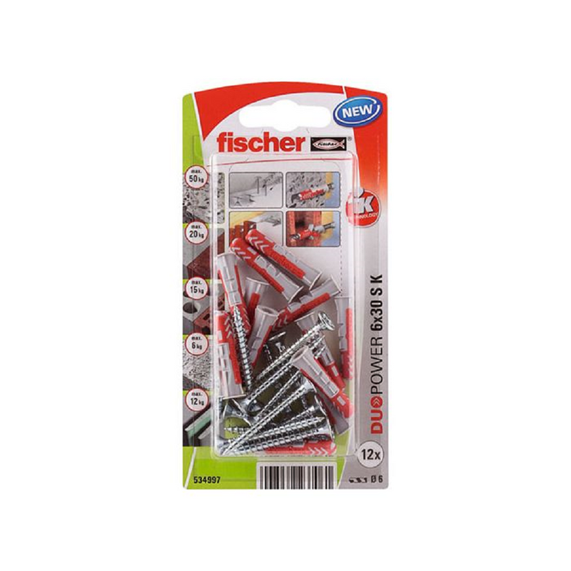 Fischer DuoPower 6 x 30mm Nylon Plug With Nylon Coated Round Hook