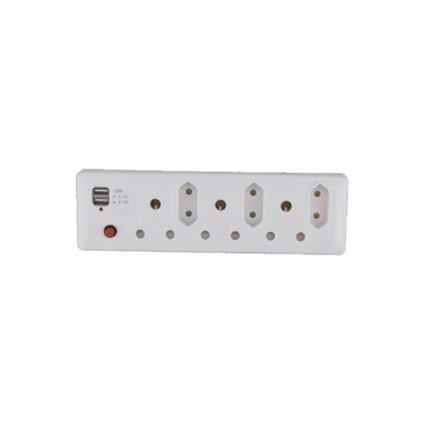 Ausma 6-Way Multi Wall Plug Adaptor - 3×16A 3-Pin + 2×USB (2.1A)