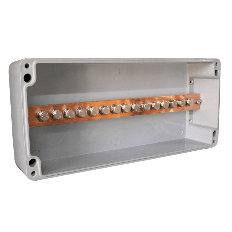 Allbro M8 15‑Hole Enclosure with Single Busbar - 600 A DC, IP68 GRP, 240×30×10 mm