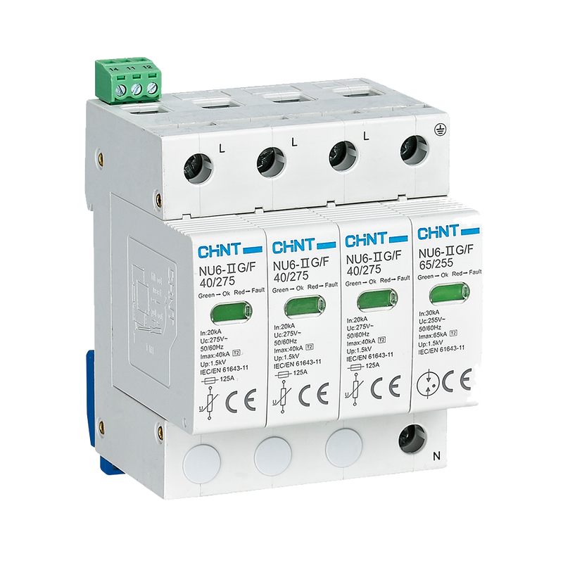 Chint NU6-II 4‑Pole AC Surge Arrester, Type 2, 40 kA, 400 V (Green Light)
