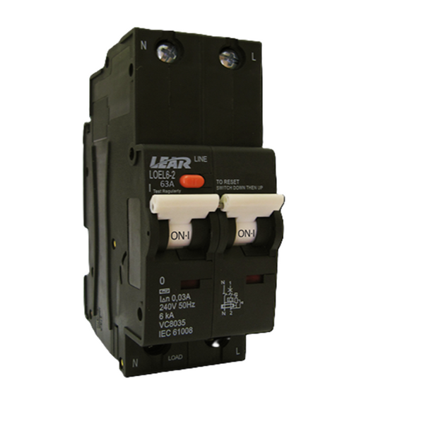 Lear Earth Samite Leak RCBO - 63A 2P 4.5kA + Overload (13mm)