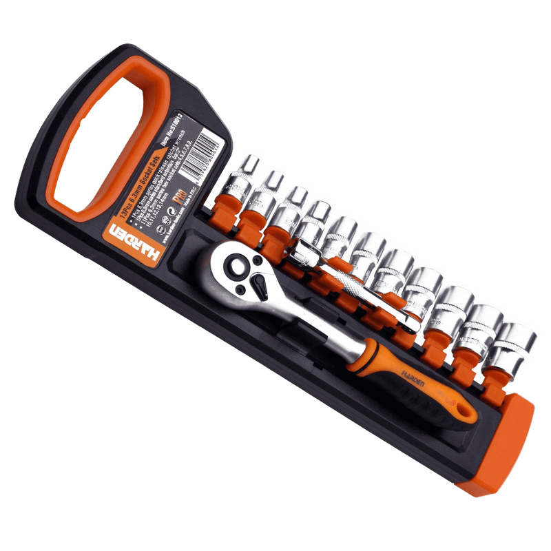 Ruwag Harden 13‑piece 1/4″ Drive Hex (6.3 mm) Socket Set with Wrench & Extension Bar (Sizes 4-14 mm)