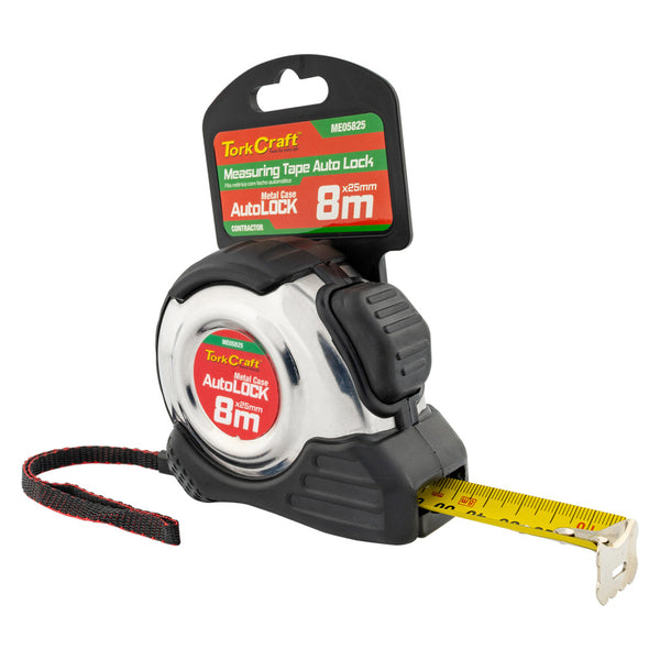 Tork Craft Measuring Tape - 8m × 25mm, Stainless Steel & Rubber Casing, Self-Lock