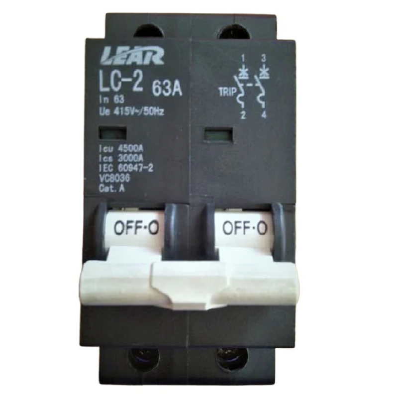 Lear Samite 63A 2P MCB/Isolator - Mini Rail 4.5kA (Green/White Toggle)