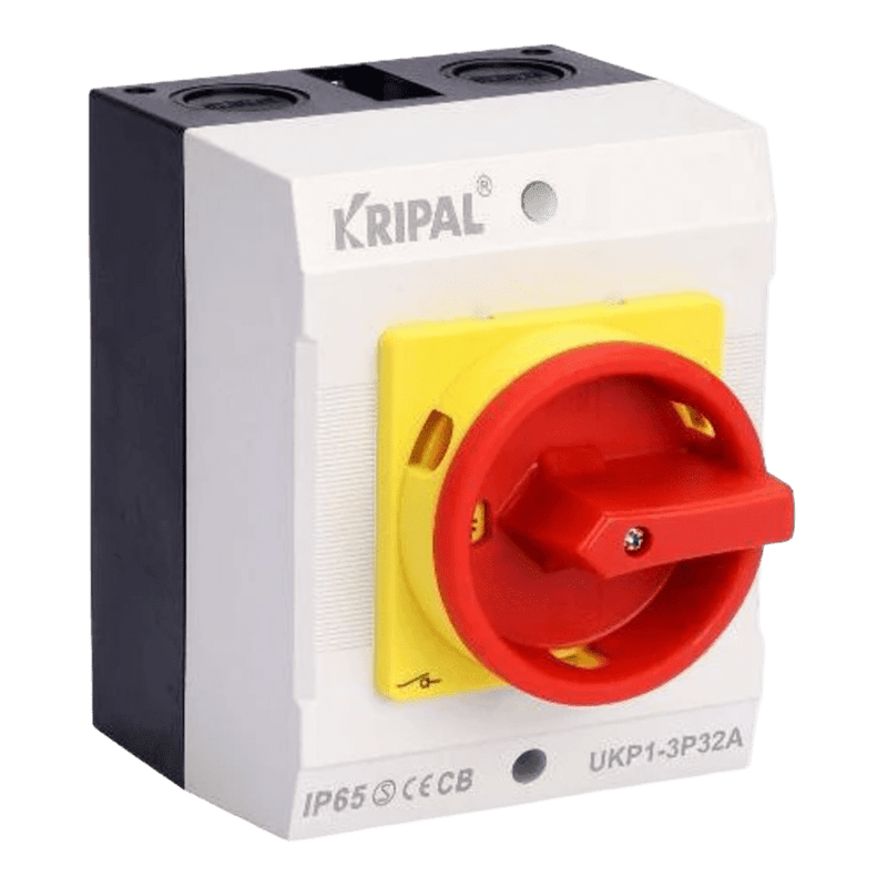 Kripal Enclosed Isolator Switch - 100A, 3-Pole, IP65 Lockable with Rotary Yellow/Red Handle