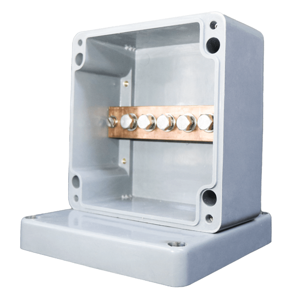 Allbro M8 5‑Hole Enclosed Single Busbar Kit - IP68 GRP, 600 A DC, 160×30×10 mm