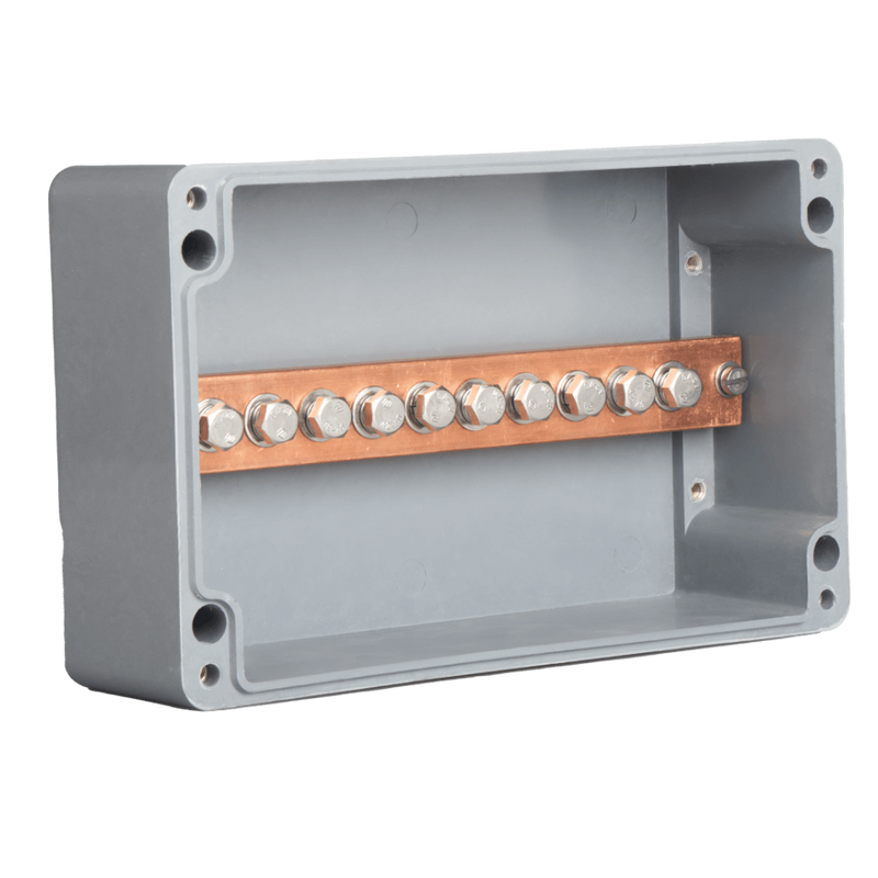 Allbro M8 10‑Hole Enclosed Single Busbar Kit - IP68 GRP, 600 A DC, 240×30×10 mm