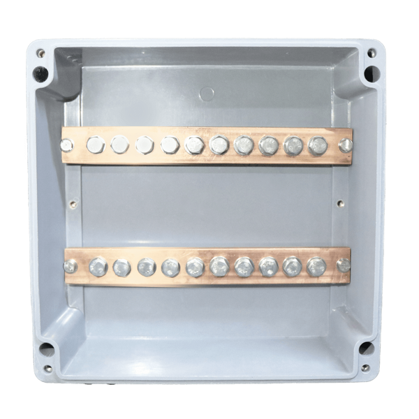 Allbro Enclosed 2‑Pole Busbar Set - 240×30×10 mm, 600 A DC, Dual 2 × M8 Studs, 10 Holes, IP68 GRP Enclosure