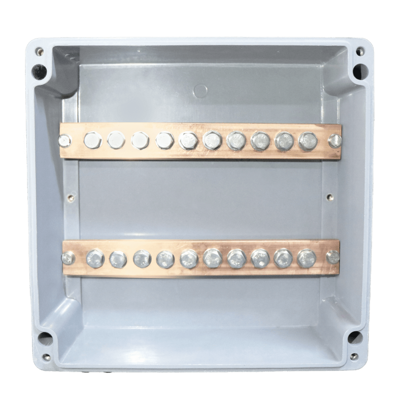 Allbro Enclosed 2‑Pole Busbar Set - 240×30×10 mm, 600 A DC, Dual 2 × M8 Studs, 10 Holes, IP68 GRP Enclosure