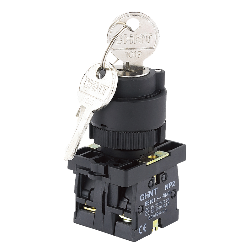 Chint Key Switch - Flush, 22mm Round, 2 Position Maintained, 1NO + 1NC