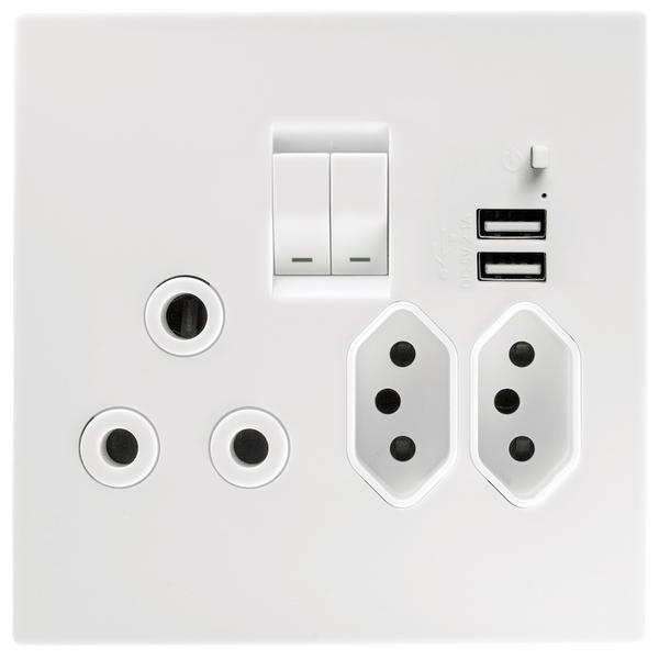 Crabtree Topaz Combo SSO - 1×16A RSA + 2×16A V‑Slim + 2×USB 2100 mA, 4×4 White