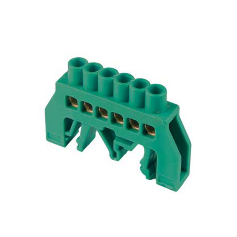 6-Way Green DIN Mount Brass Terminal Bar - Insulated, 8x12mm, 25mm²