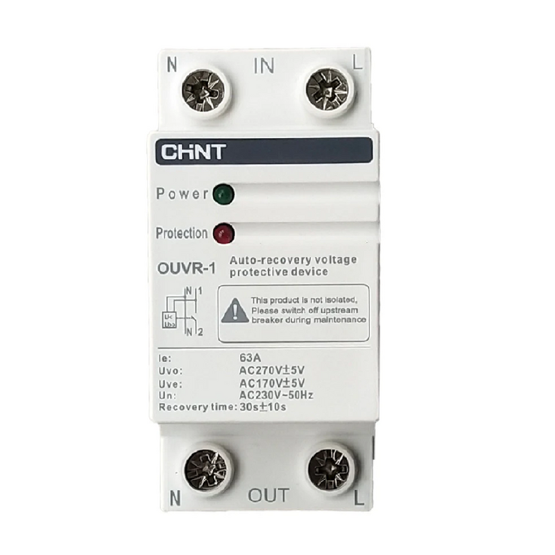 Chint Over/Under Voltage Protection Relay 80 A, 1P+N Bottom Entry (OUVR‑1/80A‑1P+N‑BE)