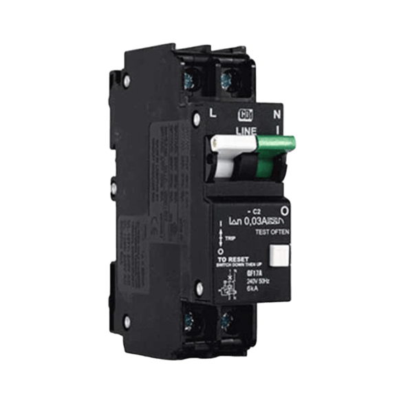 CBI 30 A 1P+N Earth Leakage with Overload, 6 kA - Mini-Rail, Black Body, White/Green Handle
