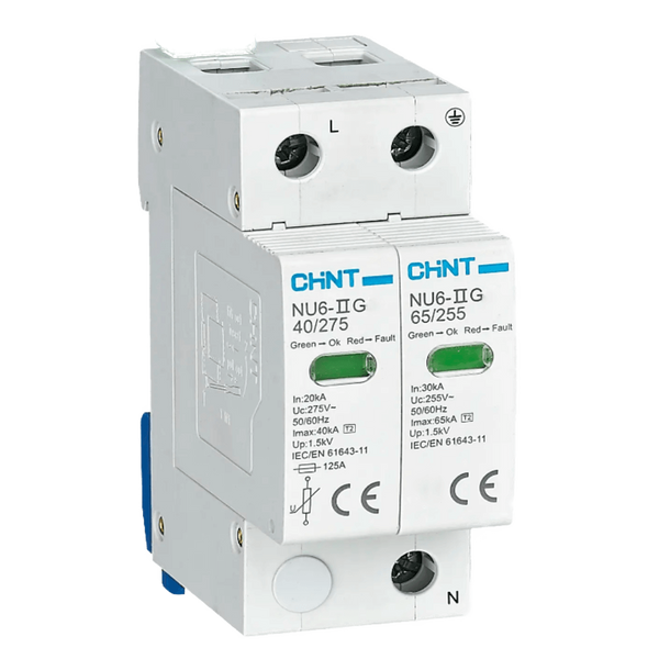 Chint NU6-II 2‑Pole AC Surge Arrester, Type 2, 40 kA, 275 V (Green Light)