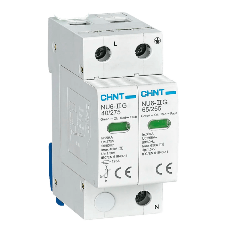 Chint NU6-II 2‑Pole AC Surge Arrester, Type 2, 40 kA, 275 V (Green Light)