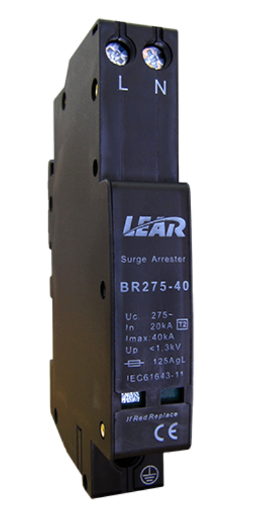 Lear Surge Arrestor - 2 Pole, 40kA, 275VAC, Type 2, DIN/Samite, Red Indicator